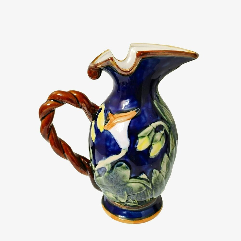 Vintage Blue Majolica Style Pitcher Vase Calla Lily Design Hand Painted 9" Ceram